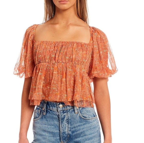 Free People Tops - Free People Penelope Sheer Smocked Top in Peach Combo